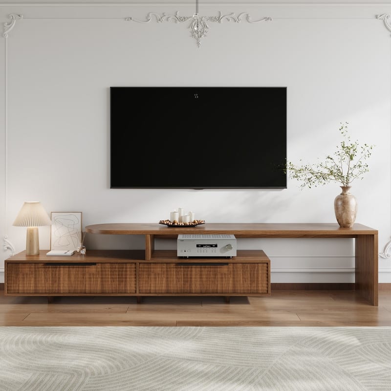 71" Mid-Century Walnut Finish TV Stand - Slatted Drawers, Open Shelves, 2-Tier Media Console - Brown