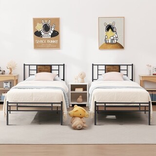 VECELO Wood Platform Kids Bed Frame with Headboard,Twin Size Bed Set of 2