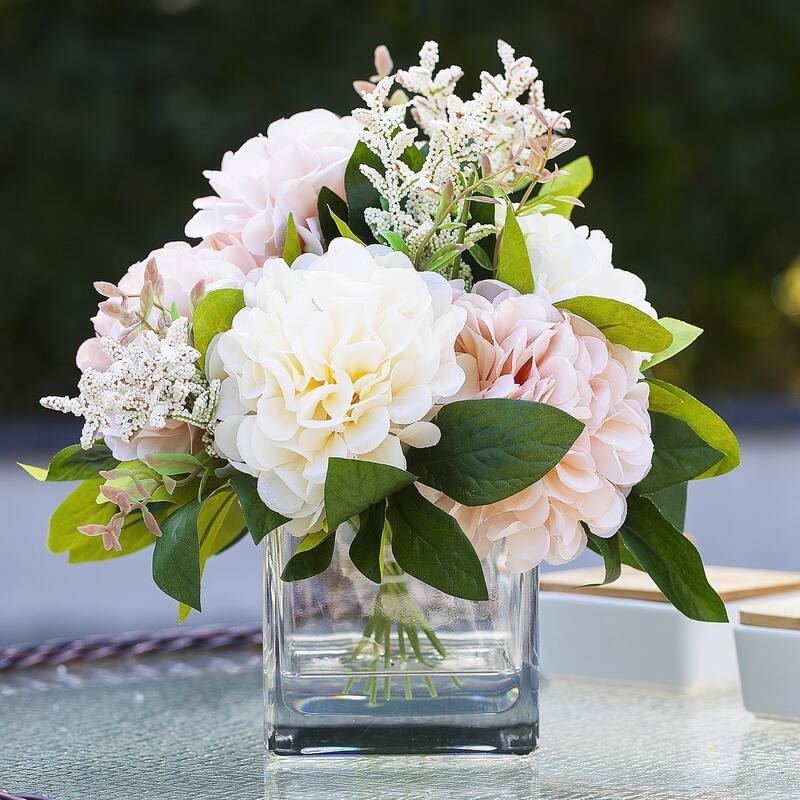 Enova Home Artificial Silk Dahlia Fake Flowers Arrangement in Clear Glass Vase with Faux Water for Home Wedding Decoration - N/A