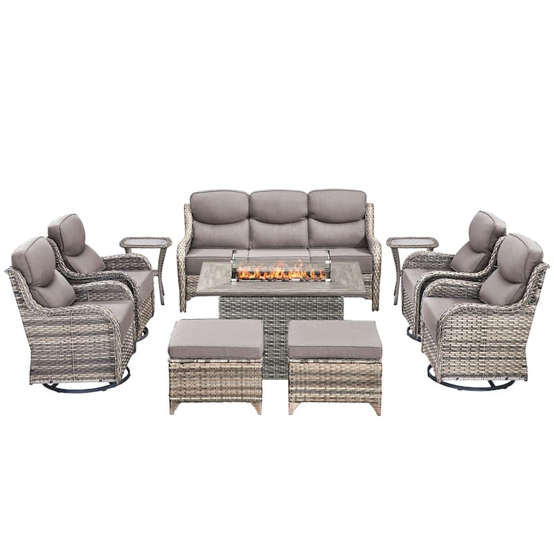 Pocassy 10 Pieces Outdoor 6 Inch Sofa Swivel Chair Ottoman with Fire Table