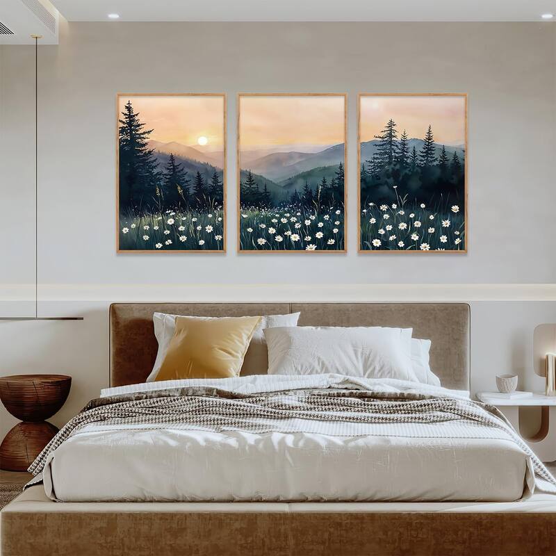 Misty Pine Tree Wall Decor, Nature Mountain Flower Wall Painting