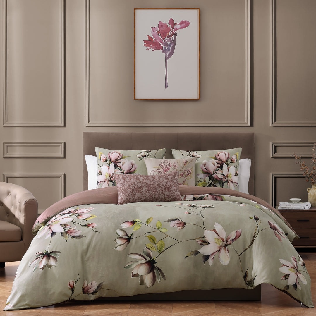 Bebejan Purple Lilies 200 Thread Count 100% Cotton Sateen 5 Piece Reversible Comforter Set