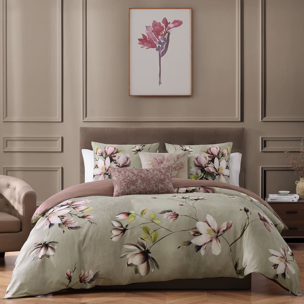 Bebejan Purple Lilies 200 Thread Count 100% Cotton Sateen 5 Piece Reversible Comforter Set
