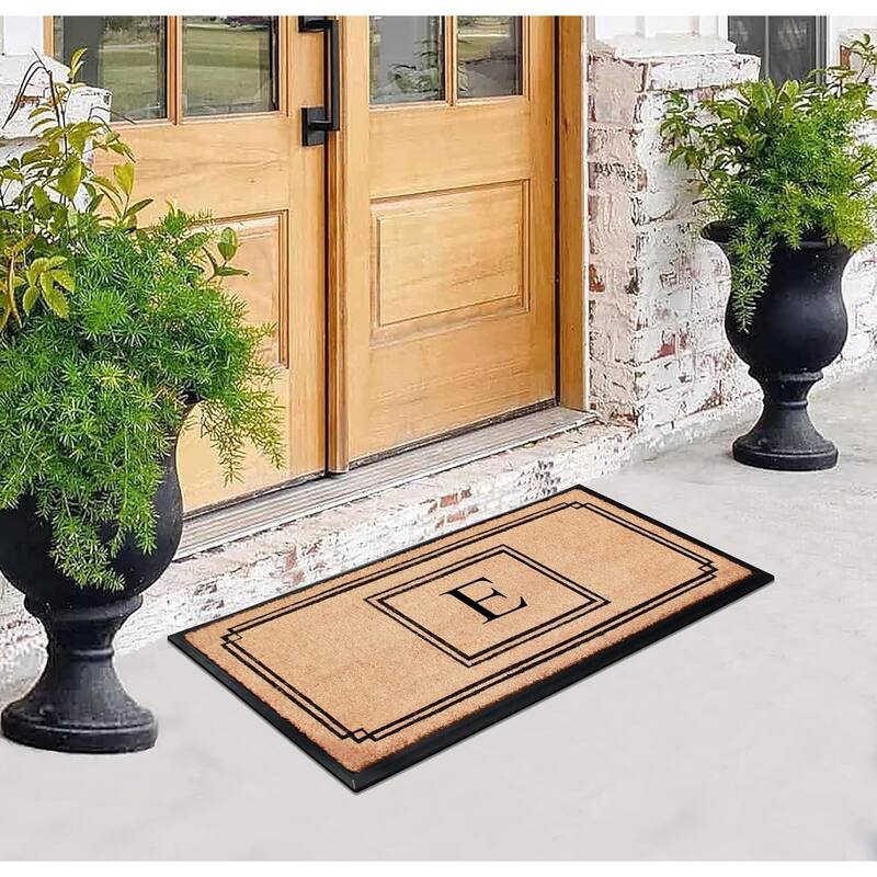A1HC Natural Coir and Rubber Monogrammed Front Porch Entry Doormat 24"X48" Black/Beige