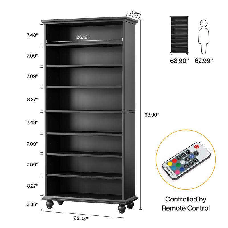 Narrow Tall Shoe Cabinet with LED Lighting, 9-Tier 30 Pairs Freestanding Shoes Storage Cabinet