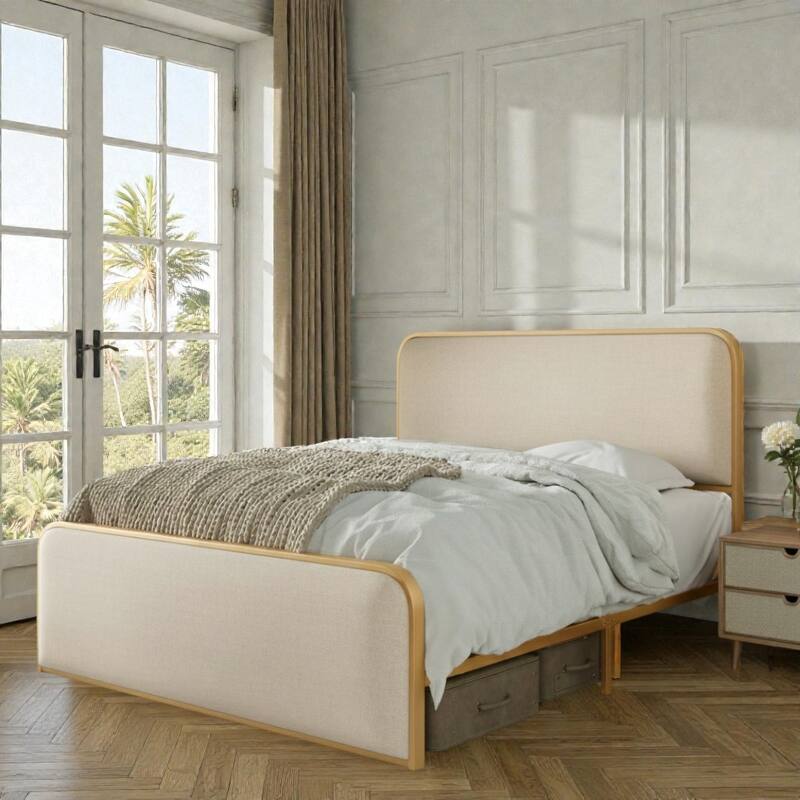 Queen Size Gold Modern Metal Bed Frame with Upholstered Headboard and Footboard, Under Bed Storage, Heavy Duty Slats - Beige Gold - Queen