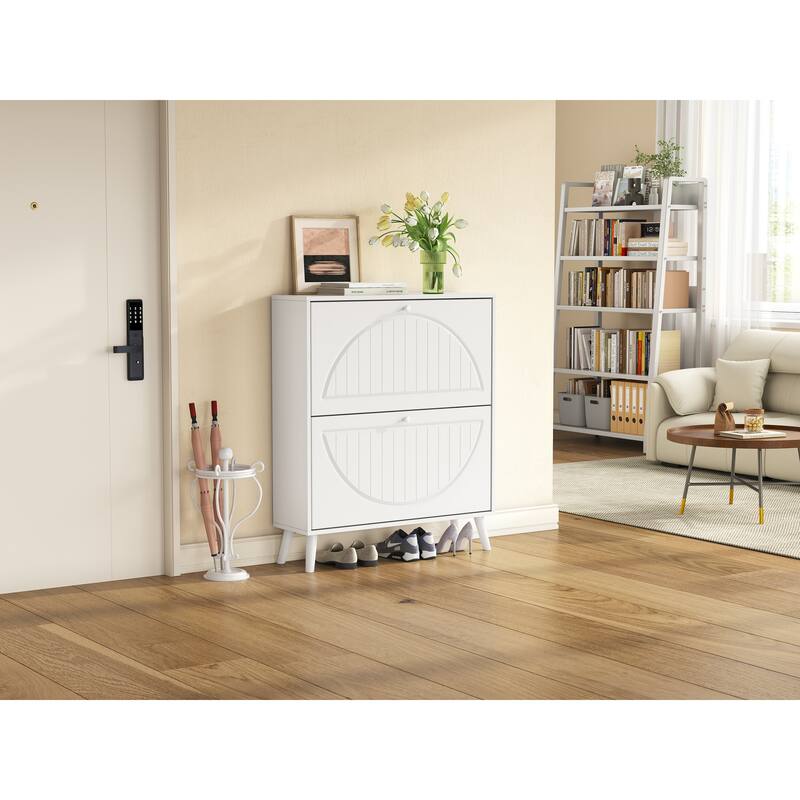 Tipping Bucket Shoe Cabinet, Freestanding Slim Narrow Shoe Rack, Shoe Storage Cabinet with Carved Doors & Solid Wood Legs