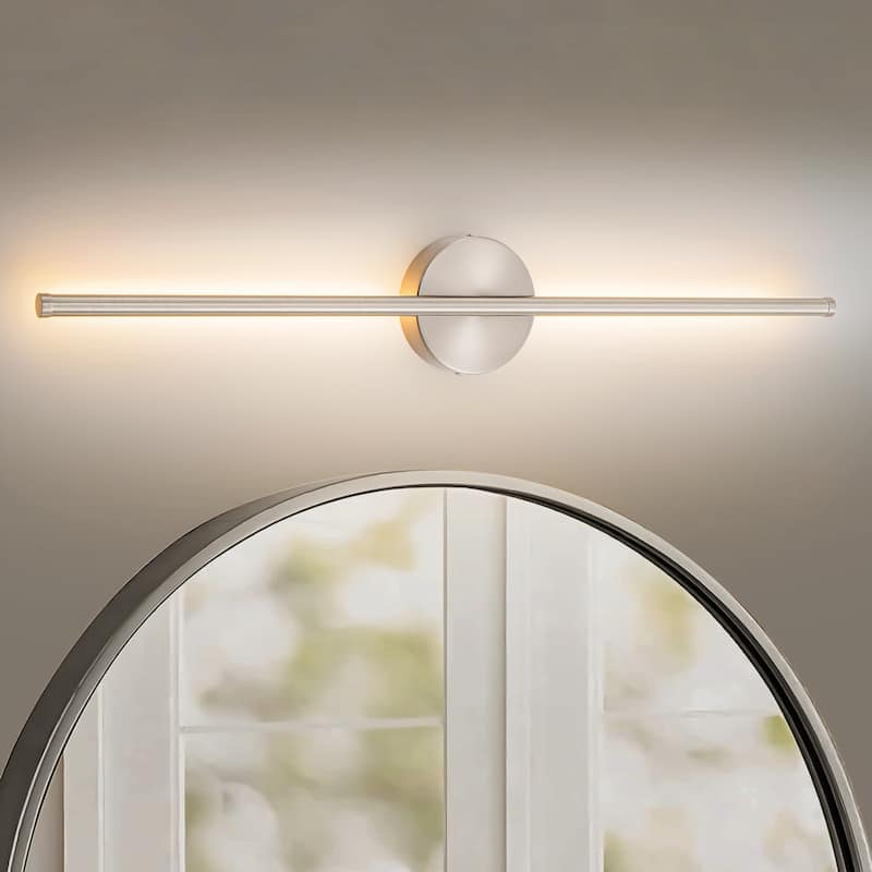 1-Light Modern Linear Aluminum Dimmable Integrated LED 3000K Warm Light Bathroom Vanity Lights for Mirror - Round Backplate - Nickel