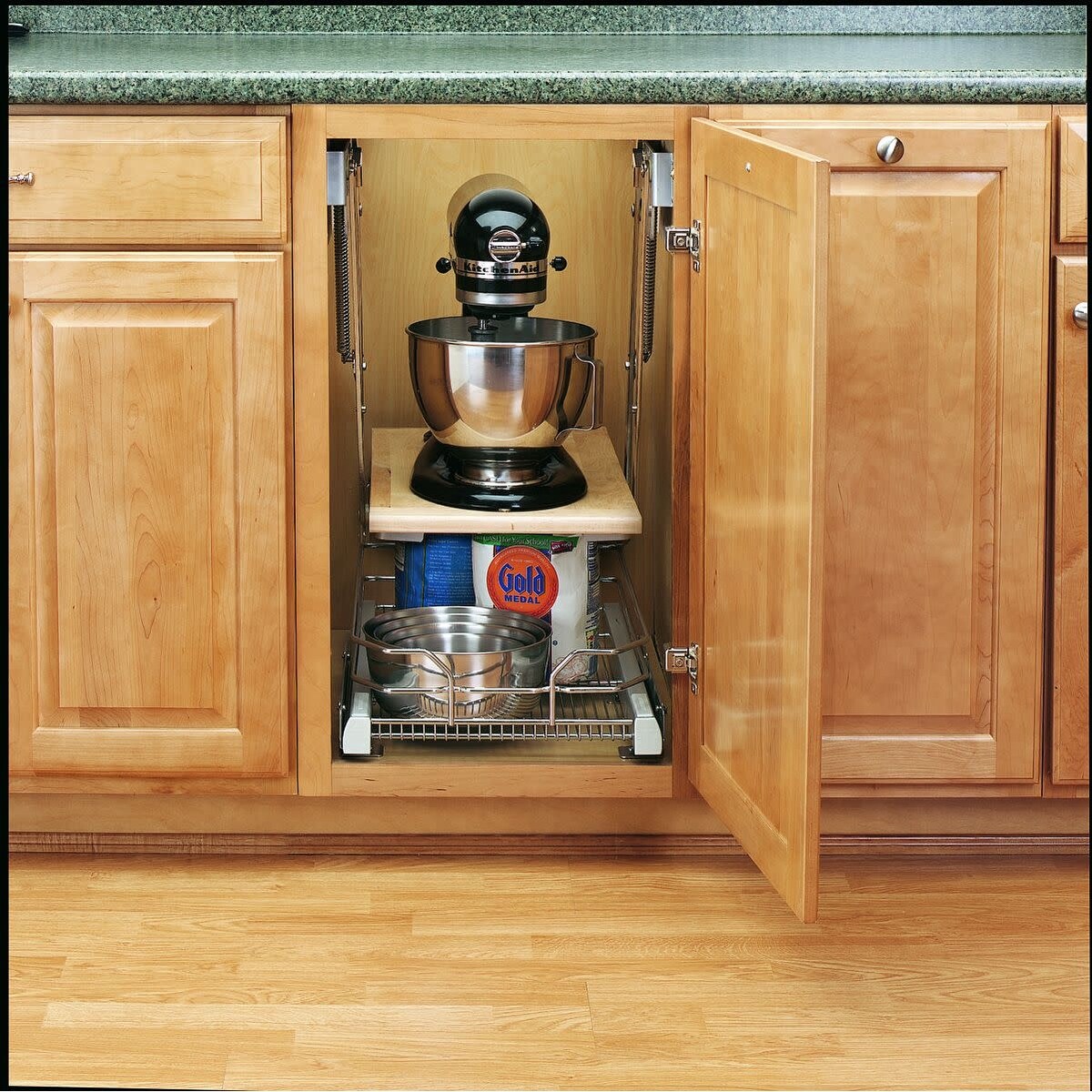 Garage Style Cabinet With White Kitchenaid Mixer Transitional Kitchen