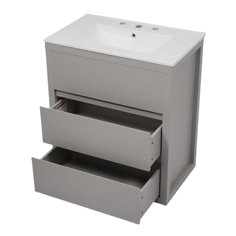 30"Bathroom Vanity with Ceramic Sink and 2 Drawers, Freestanding Vanity with Smooth Drawer Slides & Waterproof Finish