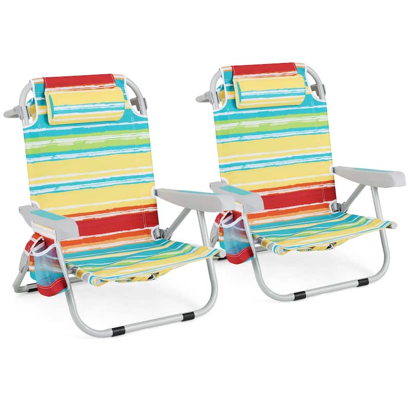 Oxford Fabric Folding Beach Chair with Adjustable Backrest, Headrest and Storage - 26" L x 25.5" W x 31" H