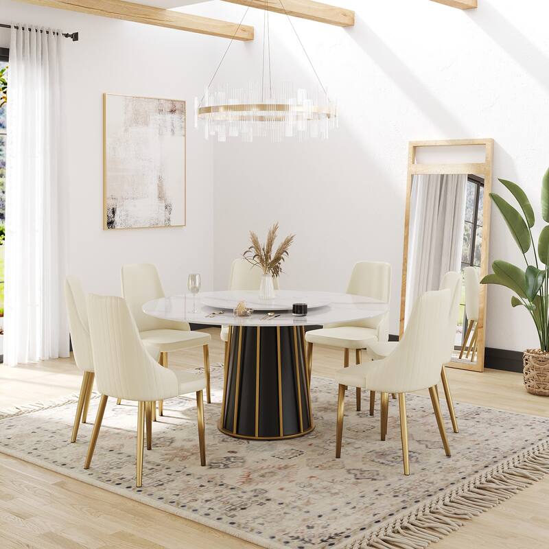 Round Metal Pedestal Dining Table Round Sintered Stone Table with Lazy Susan