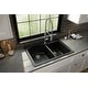 preview thumbnail 2 of 9, Karran All in One Drop-In Quartz 33 in. Double Bowl 60/40 Kitchen Sink in Black with KKF220 Faucet in Stainless Steel