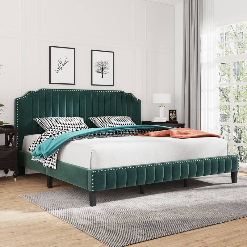 Green Velvet King Size Camelback Upholstered Platform Bed With