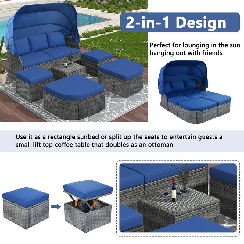 6-Pieces Outdoor Patio Rattan Round Daybed Sunbed Set with Retractable Canopy and Lift Table