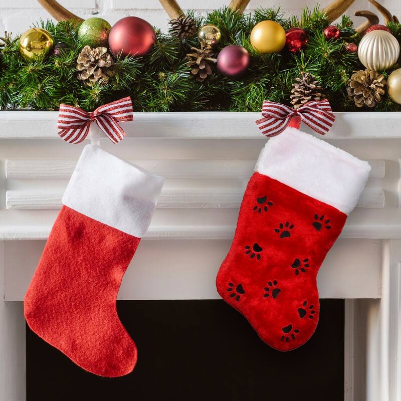 14" Red with Black Paw Prints and White Cuff Christmas Stocking
