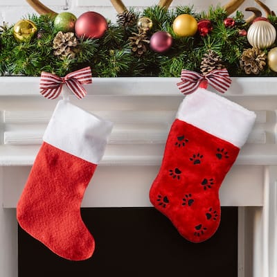 Traditional Christmas Stocking With Black Paw Prints 14"- Red White