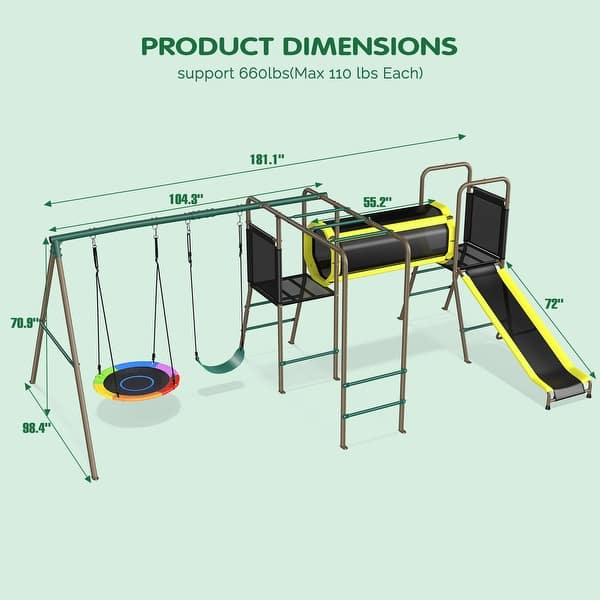 660lbs Swing Set for Backyard with Saucer Swing, Climbing Net, Trapeze Bar, Slide, Outdoor Playset for Kids