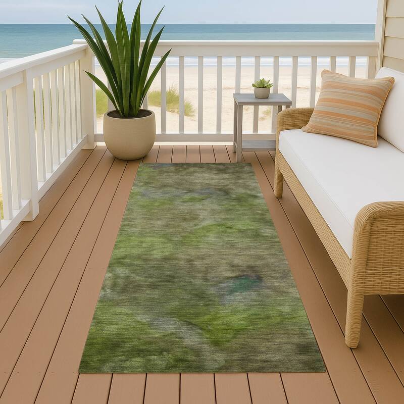 Machine Washable Indoor/ Outdoor Abstract Contemporary Chantille Rug - Olive - 2'3" x 7'6"
