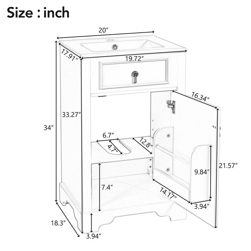 20-Inch Bathroom Vanity with Ceramic Sink, Soft Close Door, Adjustable Shelf, and Door-Mounted Storage Rack