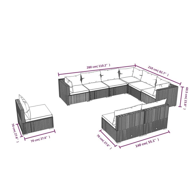 vidaXL Patio Lounge Set Outdoor Sectional Sofa Set Table Garden Poly Rattan - 27.6" x 27.6" x 23.8"