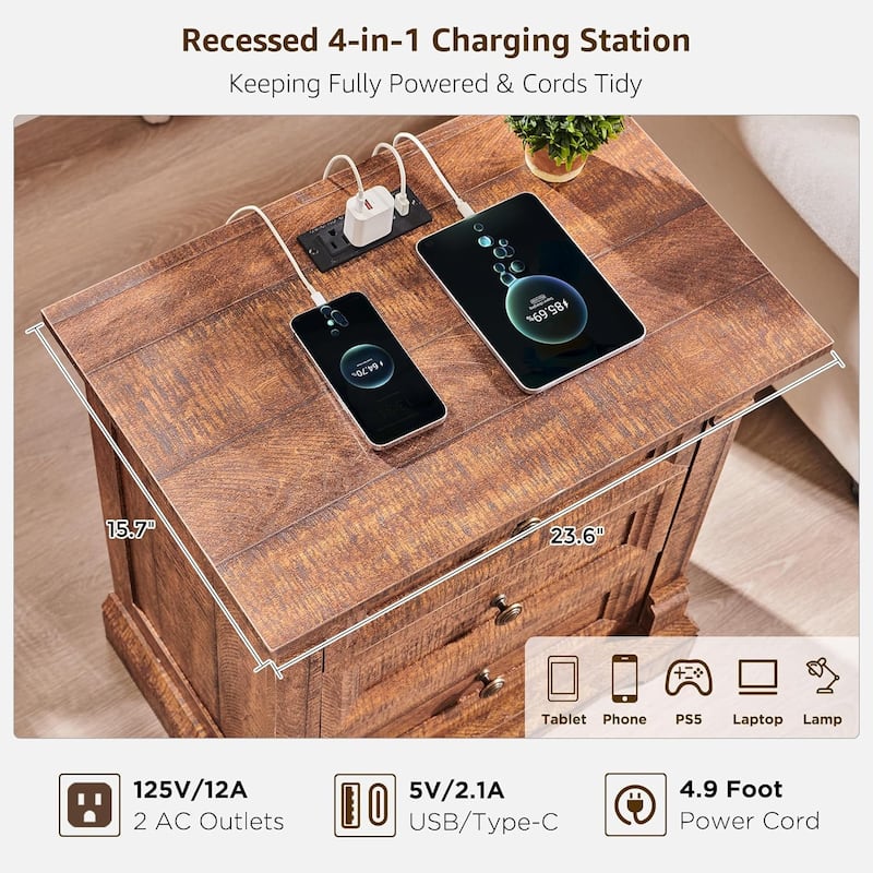 Farmhouse 3 Drawers Nightstand with Charging Station, Rustic End Table
