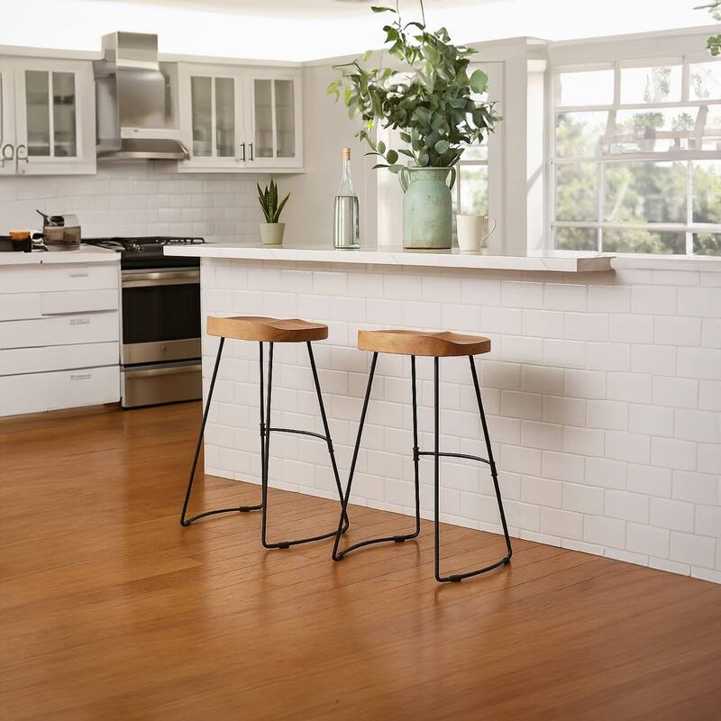 Tiva 30 Inch Handcrafted Backless Barstool, Natural Brown Mango Wood Saddle Seat, Black Metal Base