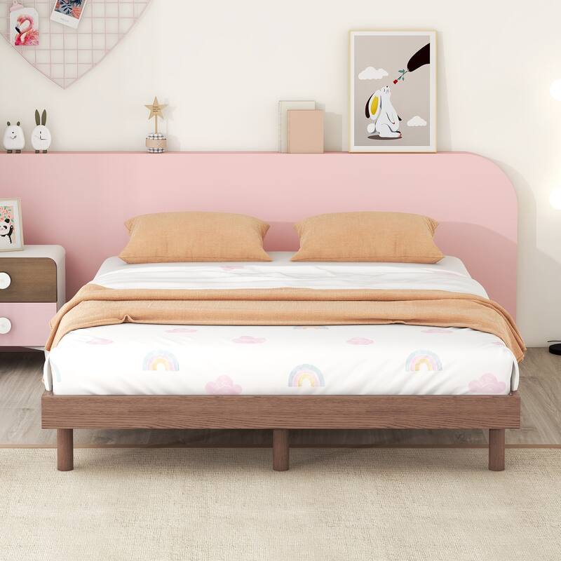 Brown Full Floating Platform Bed Frame in Particle Board with Rubberwood Legs