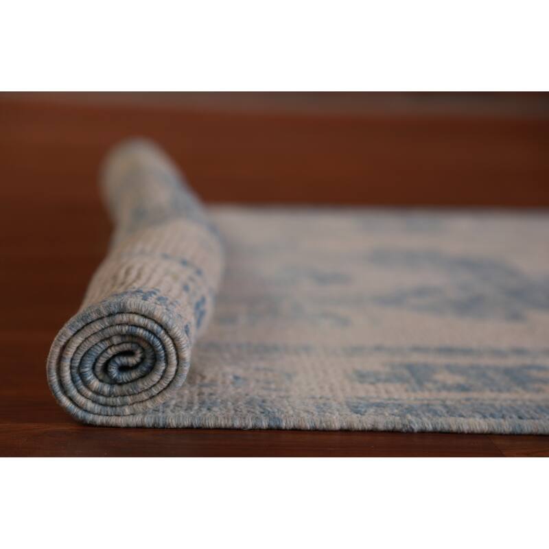 Hand Knotted Oriental 100% Wool Carpet Transitional Geometric Navy Blue & Blues Oushak Runner Rug - 17' 2'' X 3' 4''