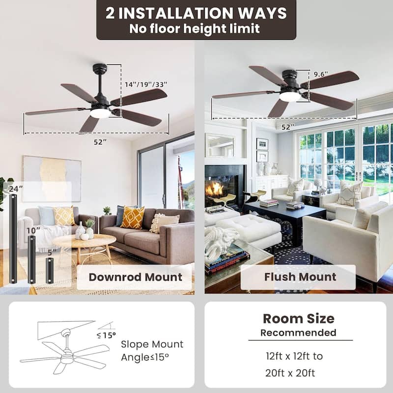 42"/52" Ceiling Fan with Remote,Dual Blade Finish,3CCT LED Light,Plywood Blades,Flush Mount and Downrod Mount