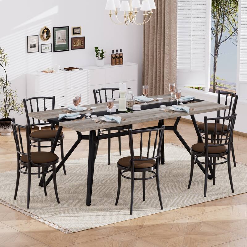 70.9" Large Dining Table for 6-8, Modern Farmhouse Kitchen Table with Spacious Tabletop & V-Shaped Steel Base, Adjustable Legs