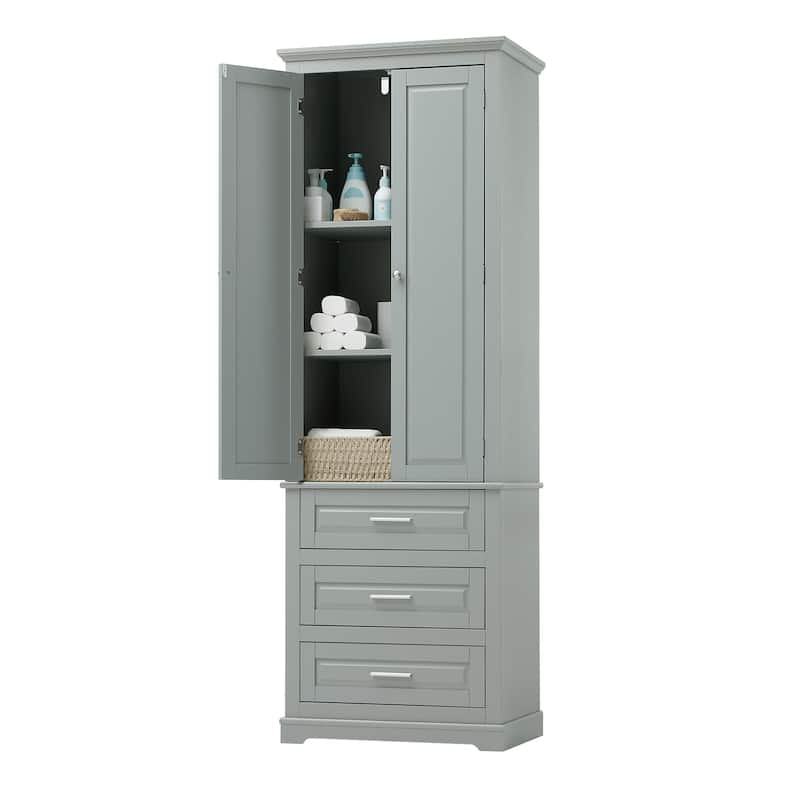 2 Doors Storage Cabinet Grey Narrow Laundry Cabinet with Shelves and 3 Drawers Tall Cabinet for Bathroom, Living Room