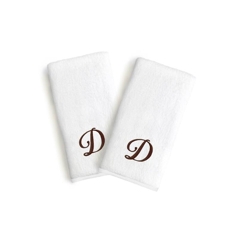 Authentic Hotel and Spa 2-piece White Turkish Cotton Hand Towels with Brown Script Monogrammed Initial - White/D