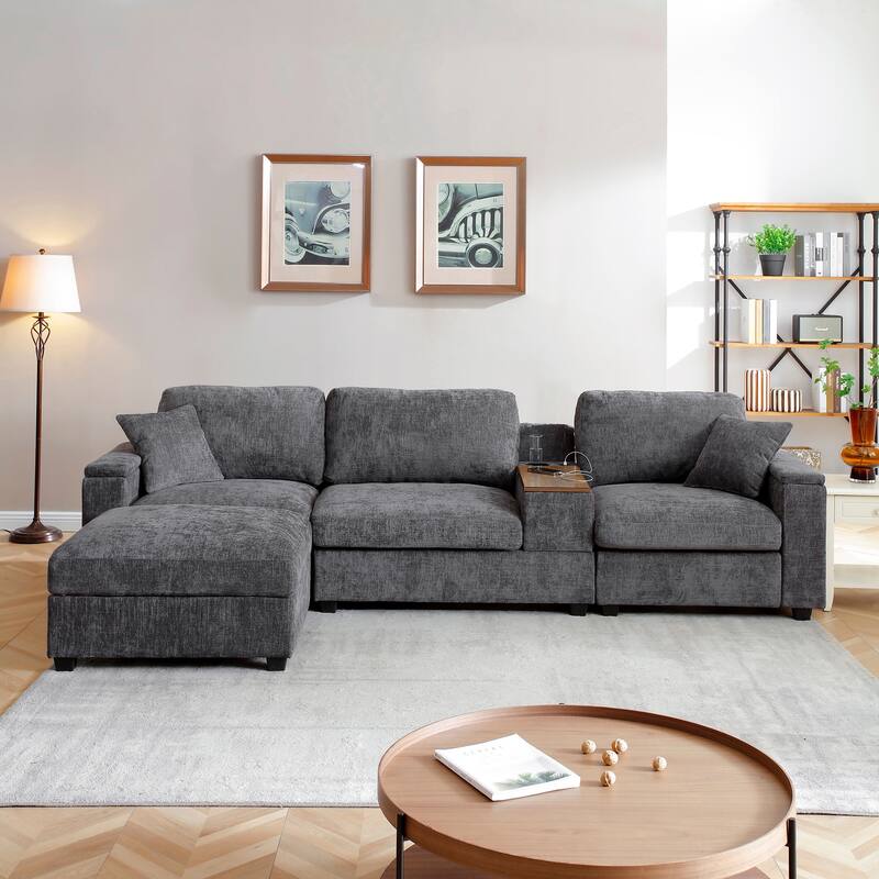 L-Shaped Oversized Couch,Drop Down Table,360-degree Swivel tray,Cup Holders,USB Charger,Storage Ottoman and Armrest