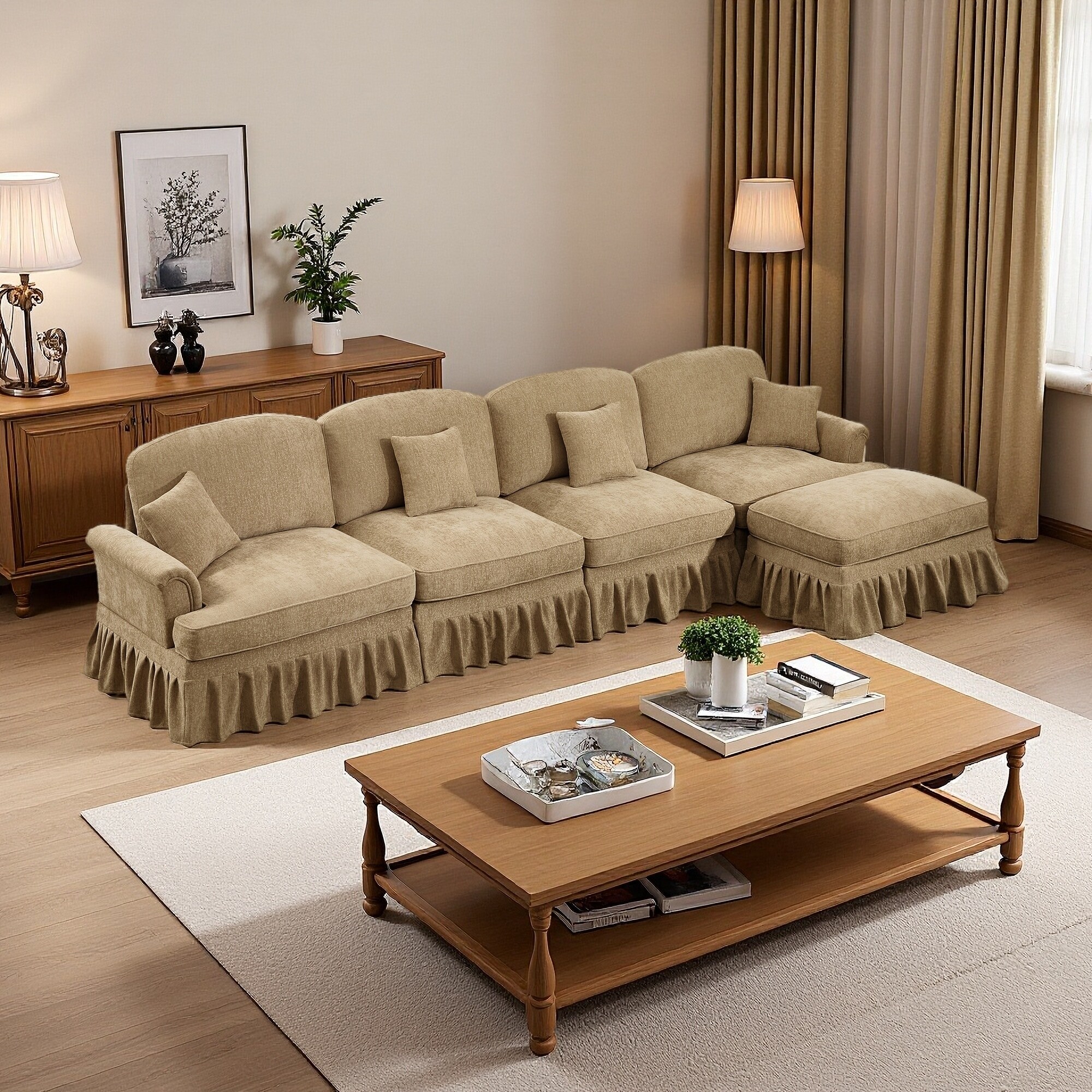 137.8" Chenille L-Shaped Modular Sectional Sofa with Flared Arms, Removable Skirt and Movable Ottoman (4-Seater)