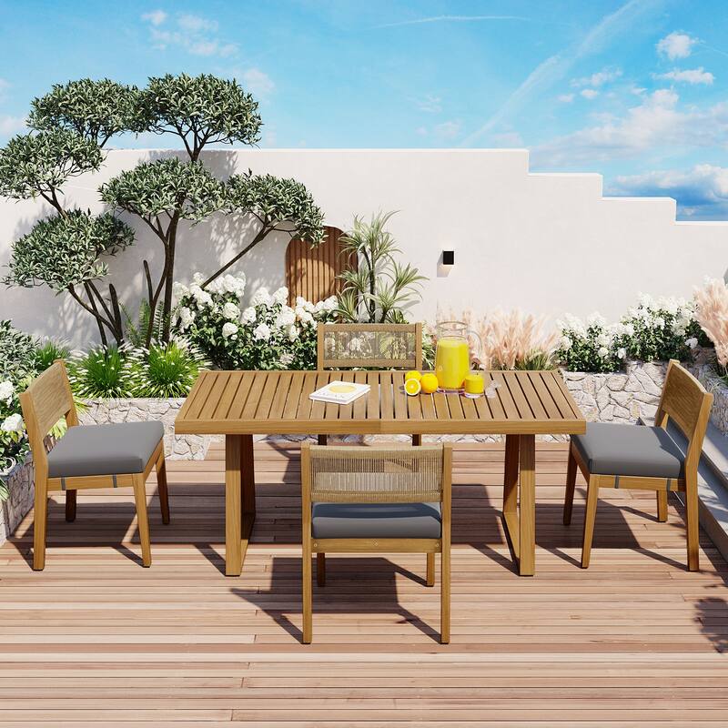 Multi-person Outdoor Acacia Wood Dining Table and Chair Set, Thick Cushions, Suitable for Balcony, Vourtyard, and Garden