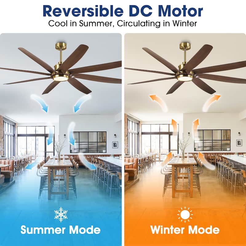 72" Gold Transitional Walnut 8 ABS Blades Propeller Ceiling Fan with Dimmable LED Light and Remote Control, DC Motor