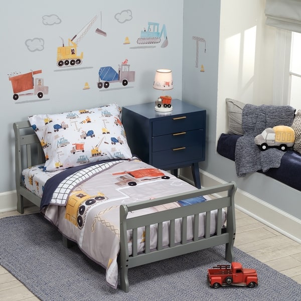 slide 2 of 10, Bedtime Originals 4-Piece Construction Zone Gray/Navy/White Toddler Bedding Set
