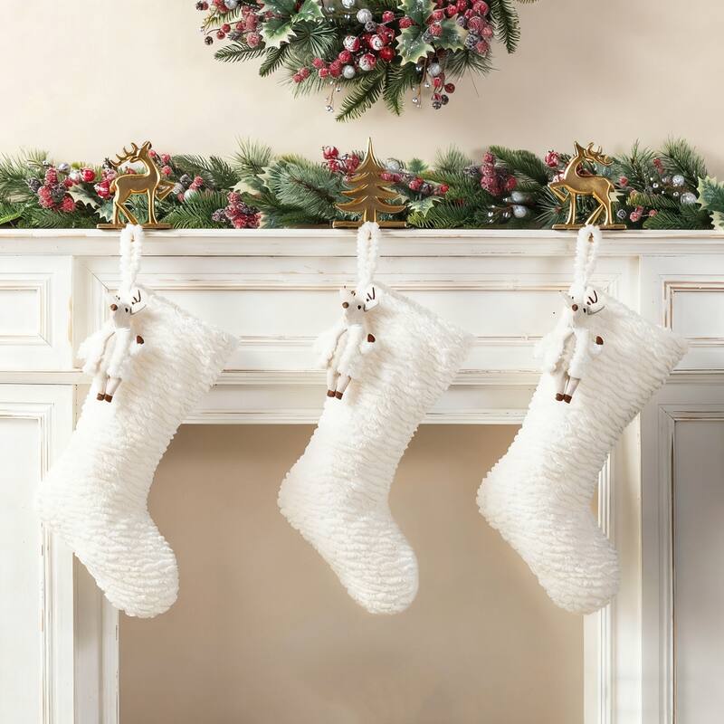 Glitzhome Resin Christmas Tree and Reindeer Stocking Holder with Stocking