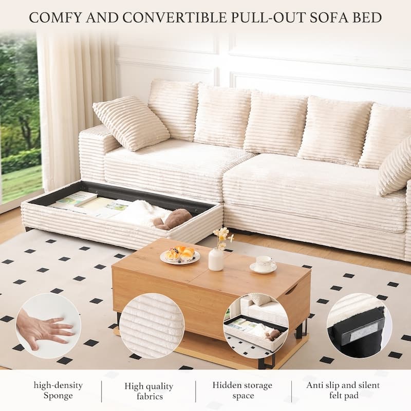 108.66" Thickened Corduroy Sectional Sofa with Storage Ottoman & Throw Pillows