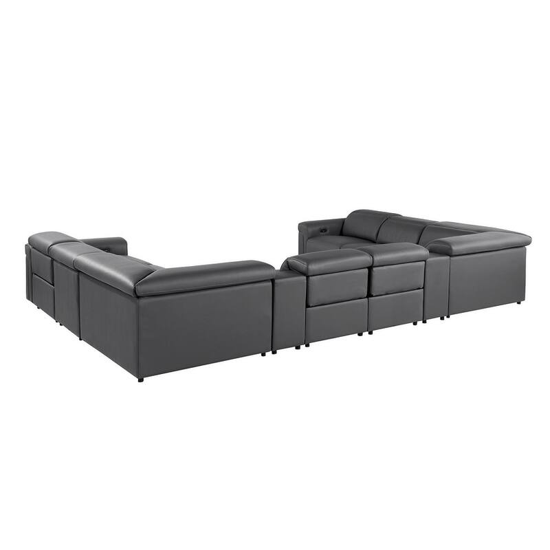 HomeRoots Dark Gray Italian Leather Power Reclining U Shaped Ten Piece Corner Sectional With Console
