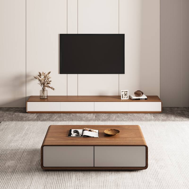 Modern Rectangular TV Stand with 4 Drawers, Wood Veneer Media Console, Walnut White, Soild Wooden, Fully-Assembled - 94.48" - Walnut & White
