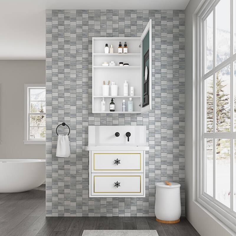 24'' W x 36'' H Bathroom Mirror Medicine Cabinet-Wooden Door, Wall Mounted Recessed or Surface, Bathroom Mirror with Storage - White