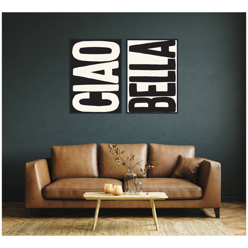 Kate and Laurel Ciao Bella Typography Black and White 2 Piece Framed Canvas Wall Art Set by Lucky Guava