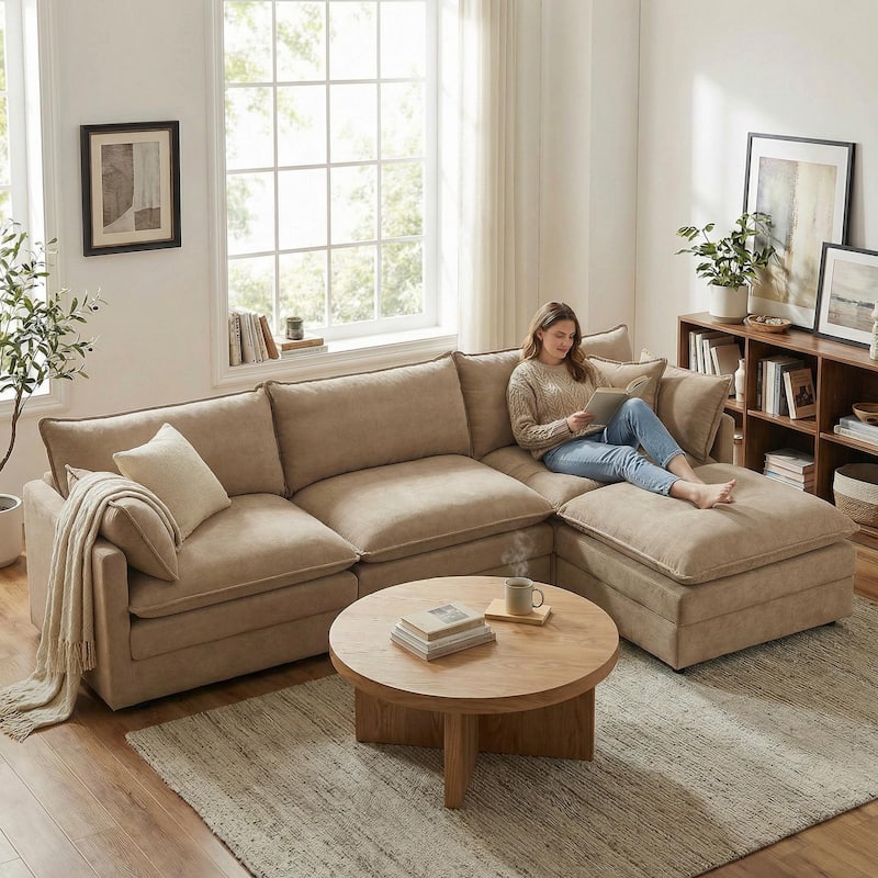 Homy Casa 102" L-Shaped Modular Sectional Sofa Movable Ottoman, Cloud-Style Chenille Couch, DIY Combination for Living Room Tray