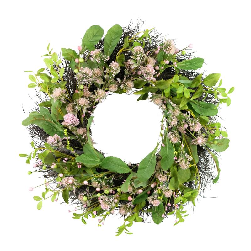 Echinops Artificial Floral Spring Wreath - 24" - Green and Pink