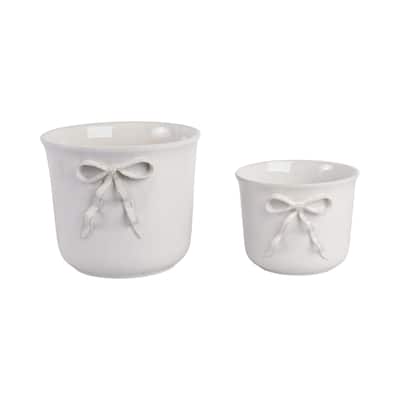 Stoneware Planters Decorative Bow Accent (Set of 2) - 9", 7" White - 11" x 11" x 9"