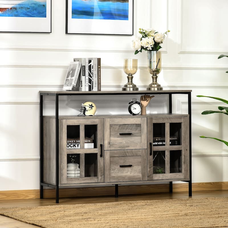 Industrial Sideboard Buffet Cabinet, Kitchen Cabinet, Coffee Bar Cabinet with Adjustable Shelves, Glass Doors, and 2 Drawers
