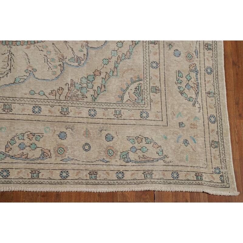Floral Tabriz Persian Area Rug Beige Handmade Wool Carpet - 7'9"x 11'1"