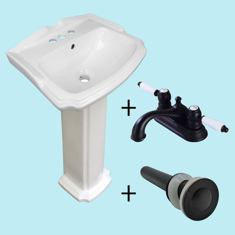 Cloakroom White Ceramic Pedestal Sink 4" Black Centerset Faucet, Sink Drain and Overflow